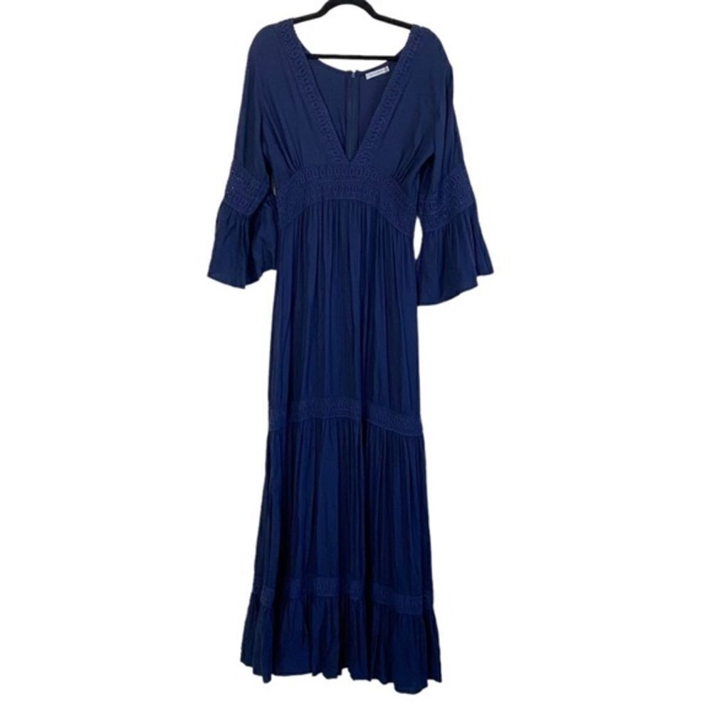 Indah Midnight Navy Blue Crochet Accent Tiered Bell Sleeve Maxi Dress Sz L